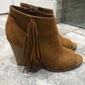 Open toed suede bootie with fringe detail